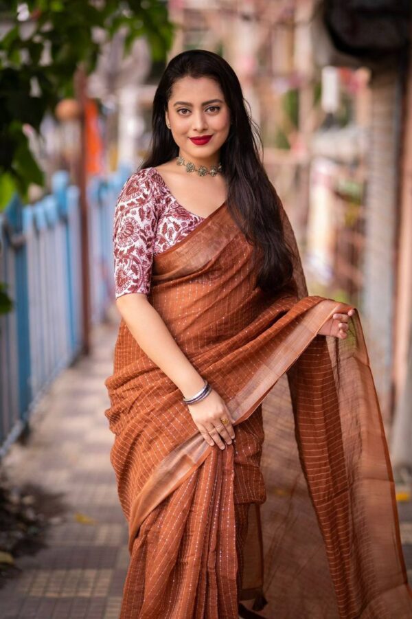 brown linen saree with printed blouse piece