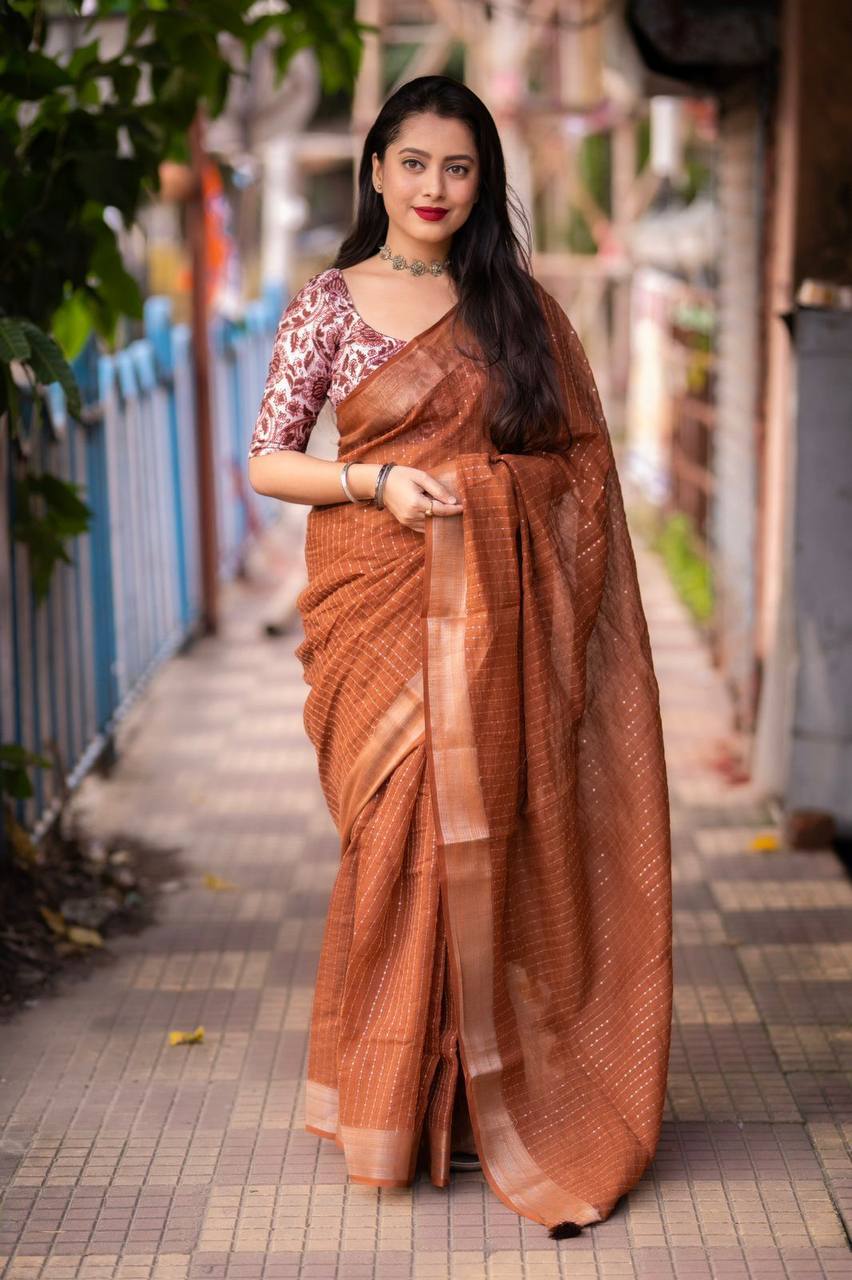 brown linen saree with printed blouse piece