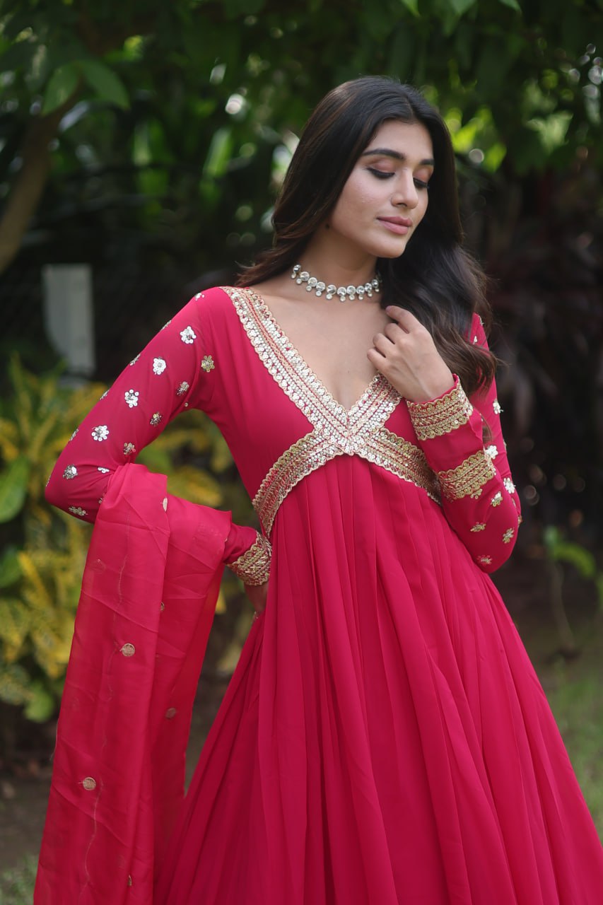 Rani pink georgette foil printed party wear anarkali gown | Gowns, Party  wear lehenga, Anarkali gown