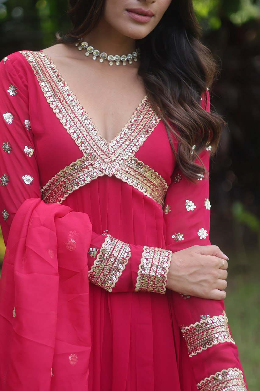 rani pink color designer gown piece with dupatta real demo showing by girl