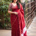 Maroon saree with hand block print work and muticolor blouse