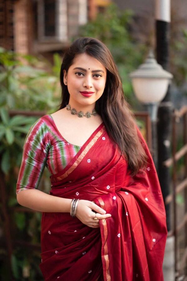 Maroon saree with hand block print work and muticolor blouse