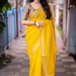 mustard yellow saree with printed blouse