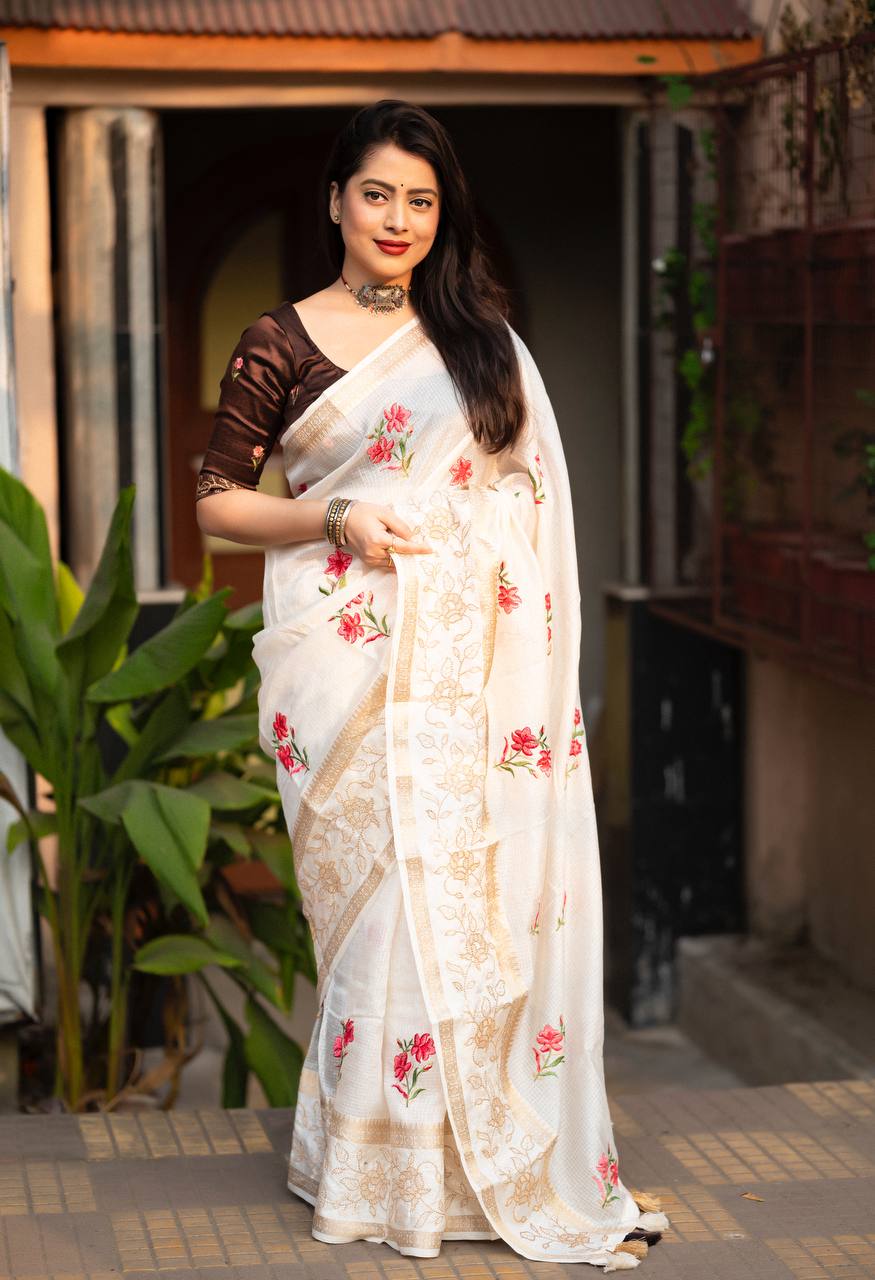 off white saree with shiny blouse
