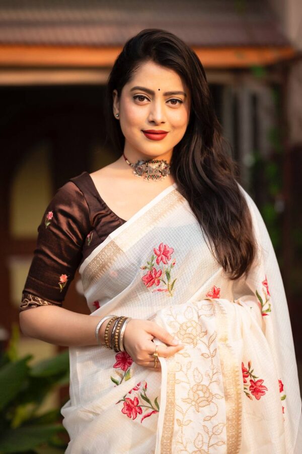 off white saree with shiny blouse