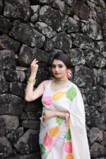 Off-white saree in silk with leaf print (2)