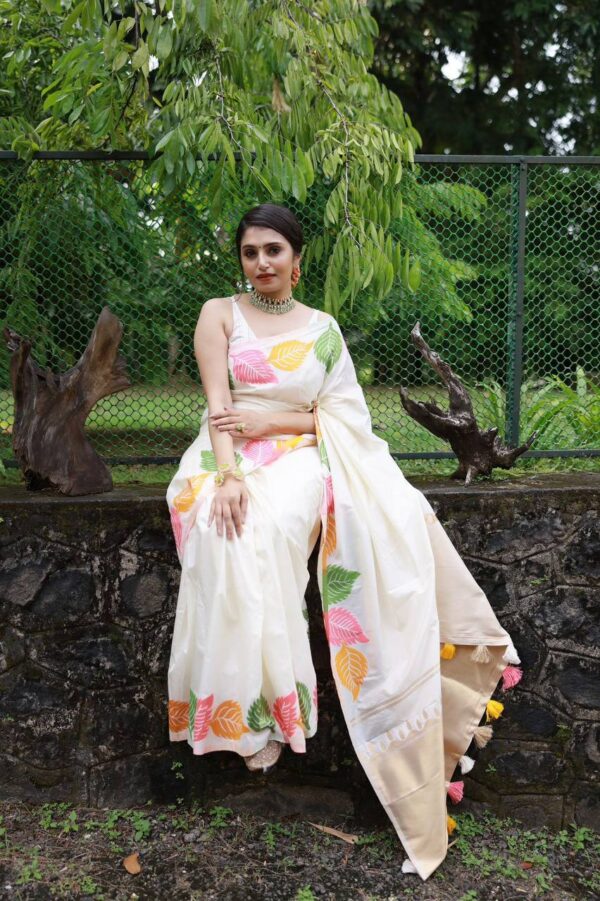 off white saree in silk with matching blouse