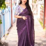 Purple linan saree with multi design printed blouse