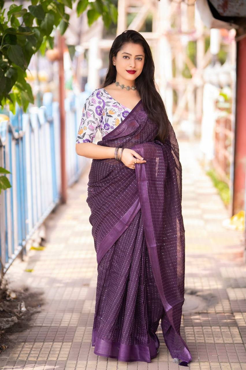 Purple linan saree with multi design printed blouse