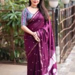 Purple saree with hand block print work and muticolor blouse