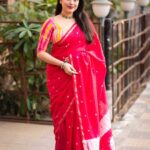 Pink saree with hand block print work and muticolor blouse