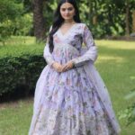 embroidery and zari work gown in light purple color (flower print)
