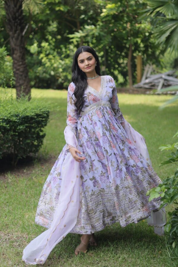 embroidery and zari work gown in light purple color (flower print)