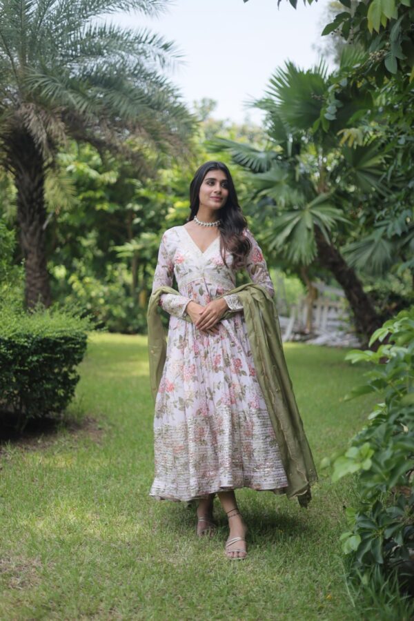 embroidery and zari work gown in light pink color (flower print)