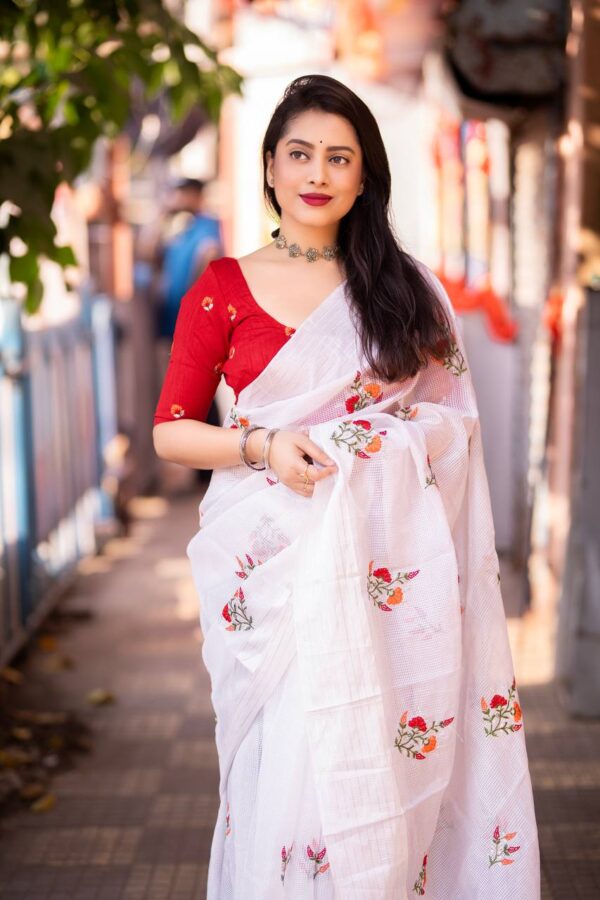 white silk saree with red blouse