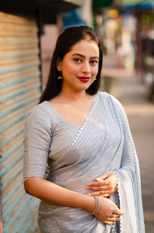 Gray silver zari line saree