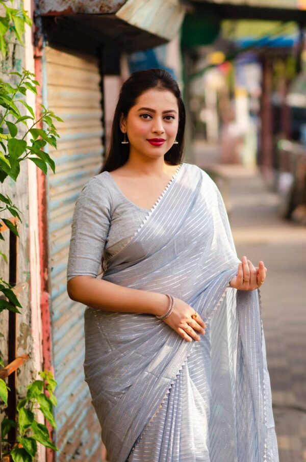 Gray silver zari line saree