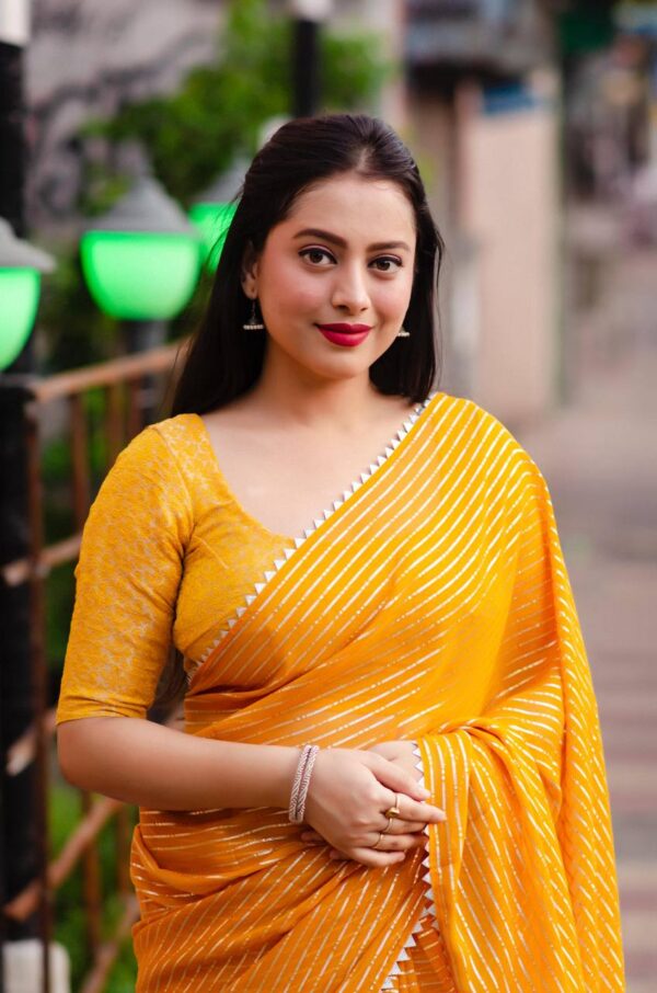 mustard chiffon saree | Yellow zari patta saree