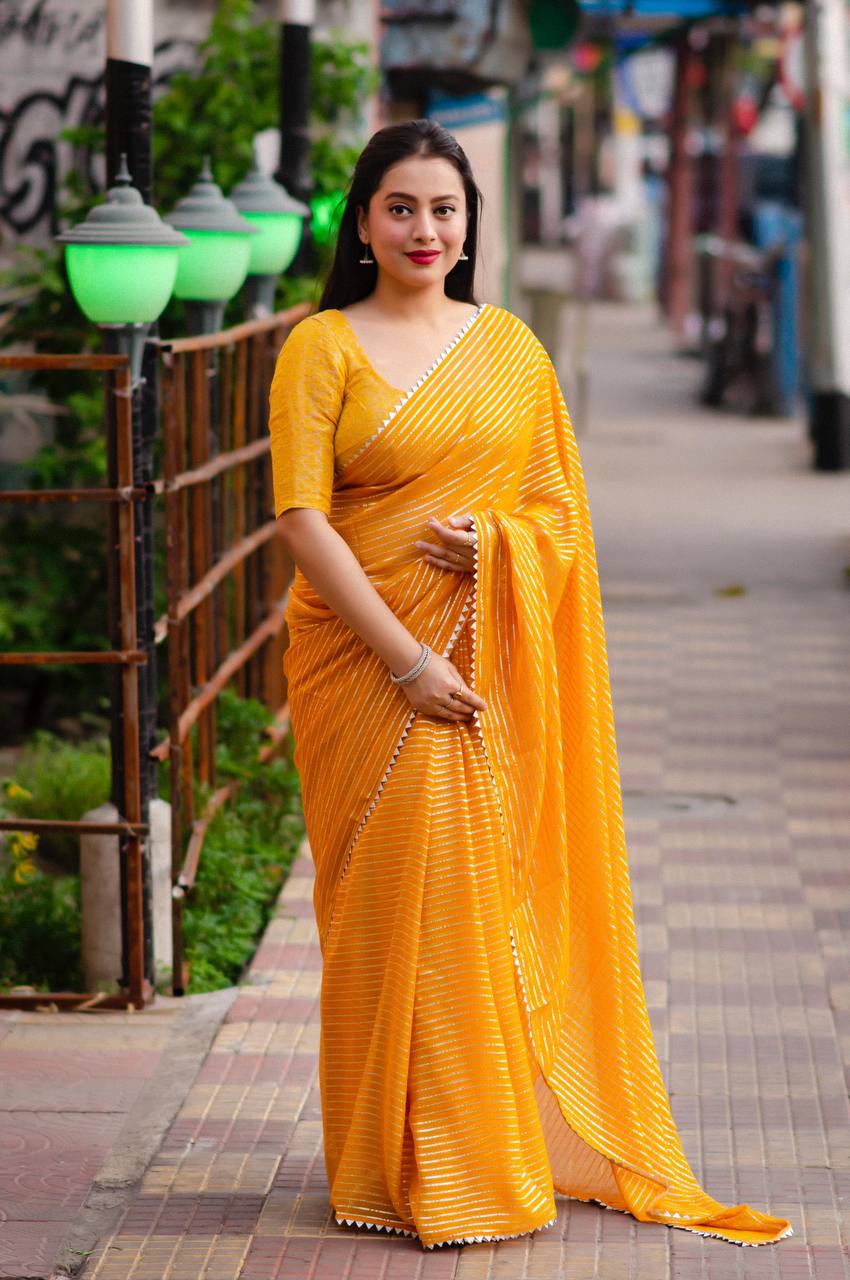 mustard chiffon saree | Yellow zari patta saree