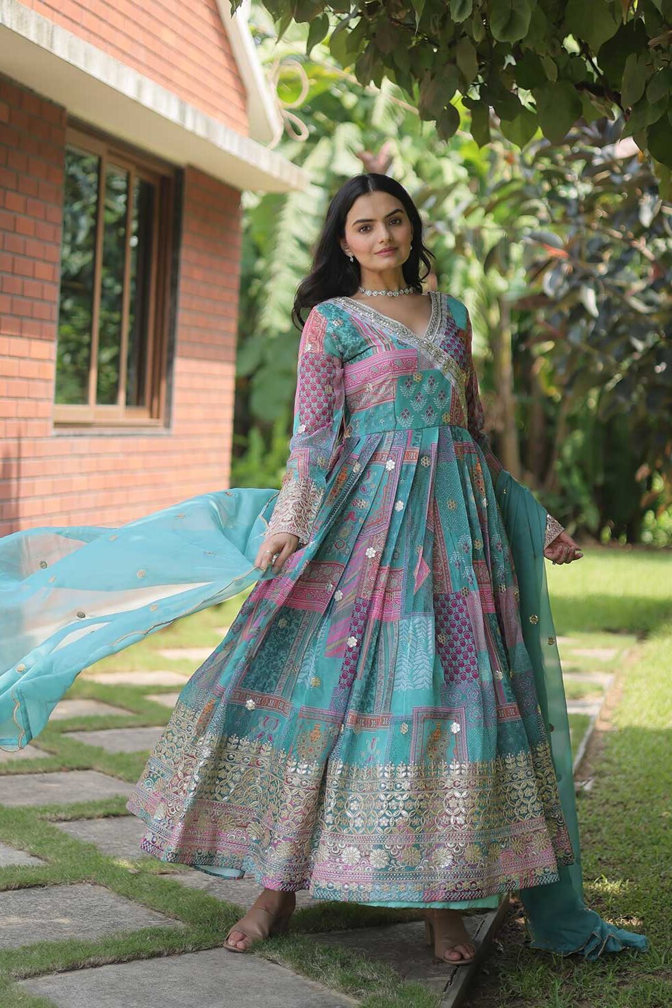 Embroidered Georgette Gown with Attached Dupatta in Purple : TLX990