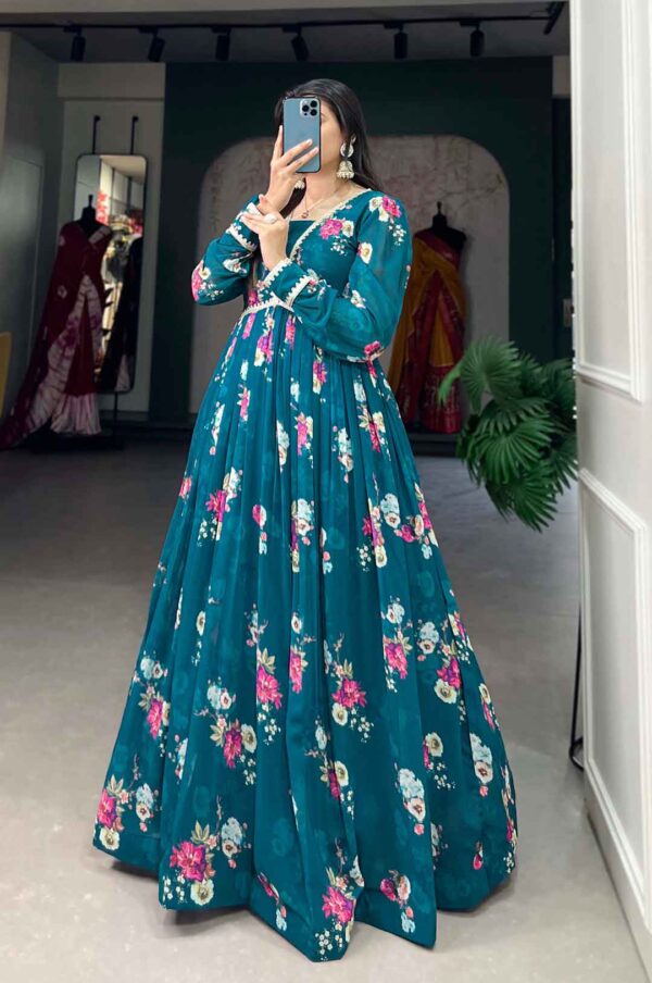Blue Flower Printed Pure Georgette Silky Gown