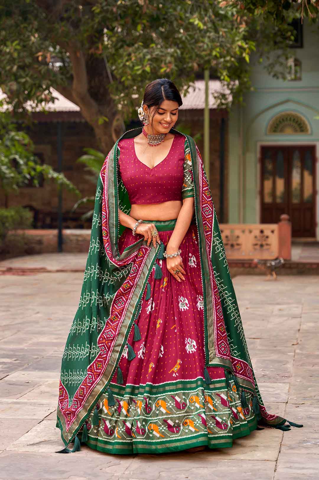 Red Color Tussar silk Patola Print Lehenga Choli