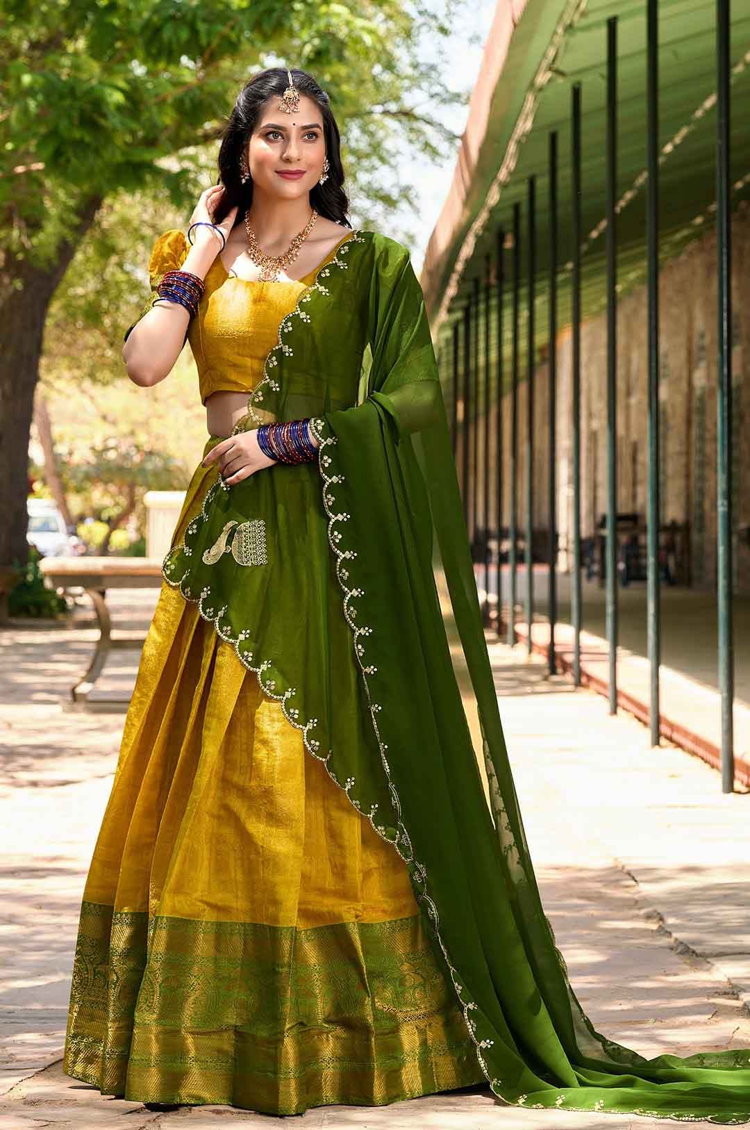 Yellow Color Kanjivaram Zari Weaving Lehenga Choli