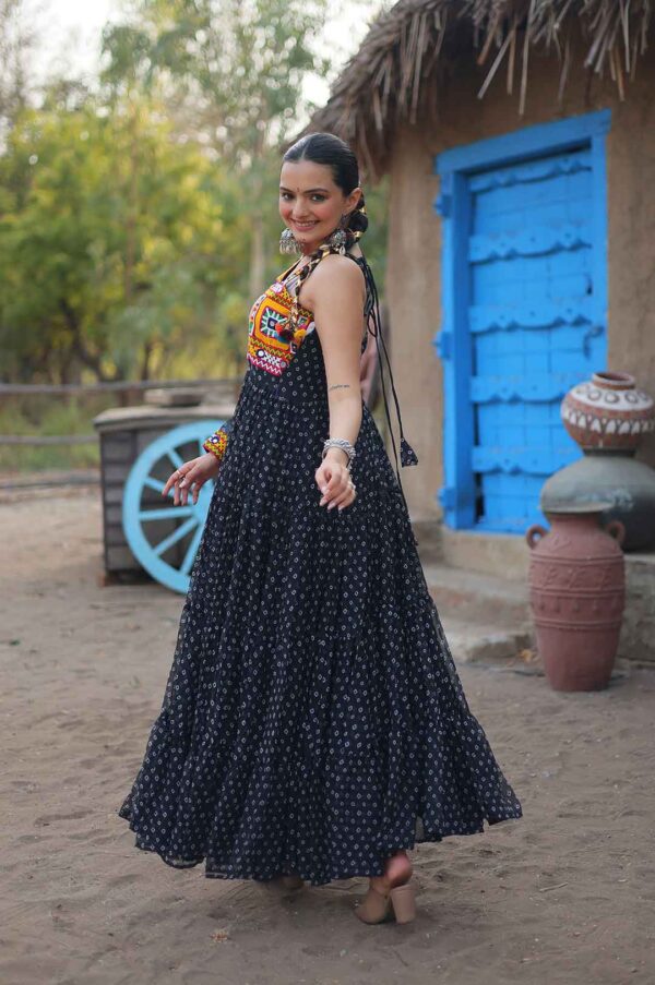 Black Bandhani Print Kutchi Patchwork Gown For Navratri (Ruffel Flair Gown)