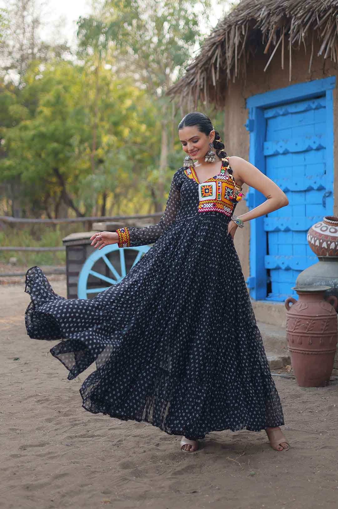 Black Bandhani Print Kutchi Patchwork Gown For Navratri (Ruffel Flair Gown)