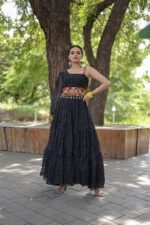 Black-Kutchi-Patch-Work-Laheriya-Ruffel-Gown-For-Navratri-(oneside-sleevlless-gown)-2