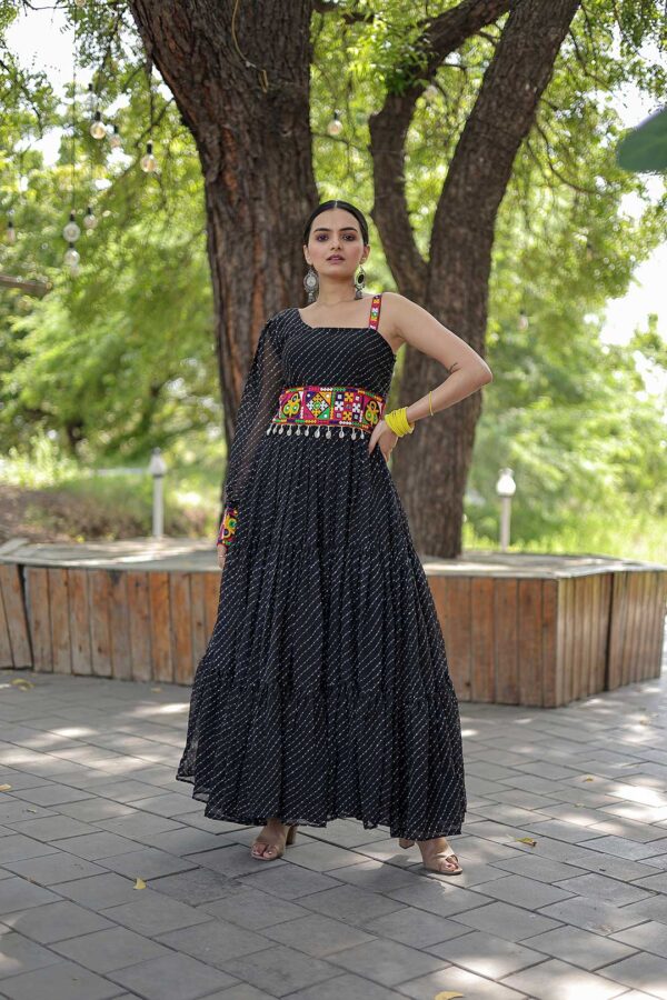 Black Kutchi Patch Work Laheriya Ruffel Gown For Navratri (one side sleevless Gown)