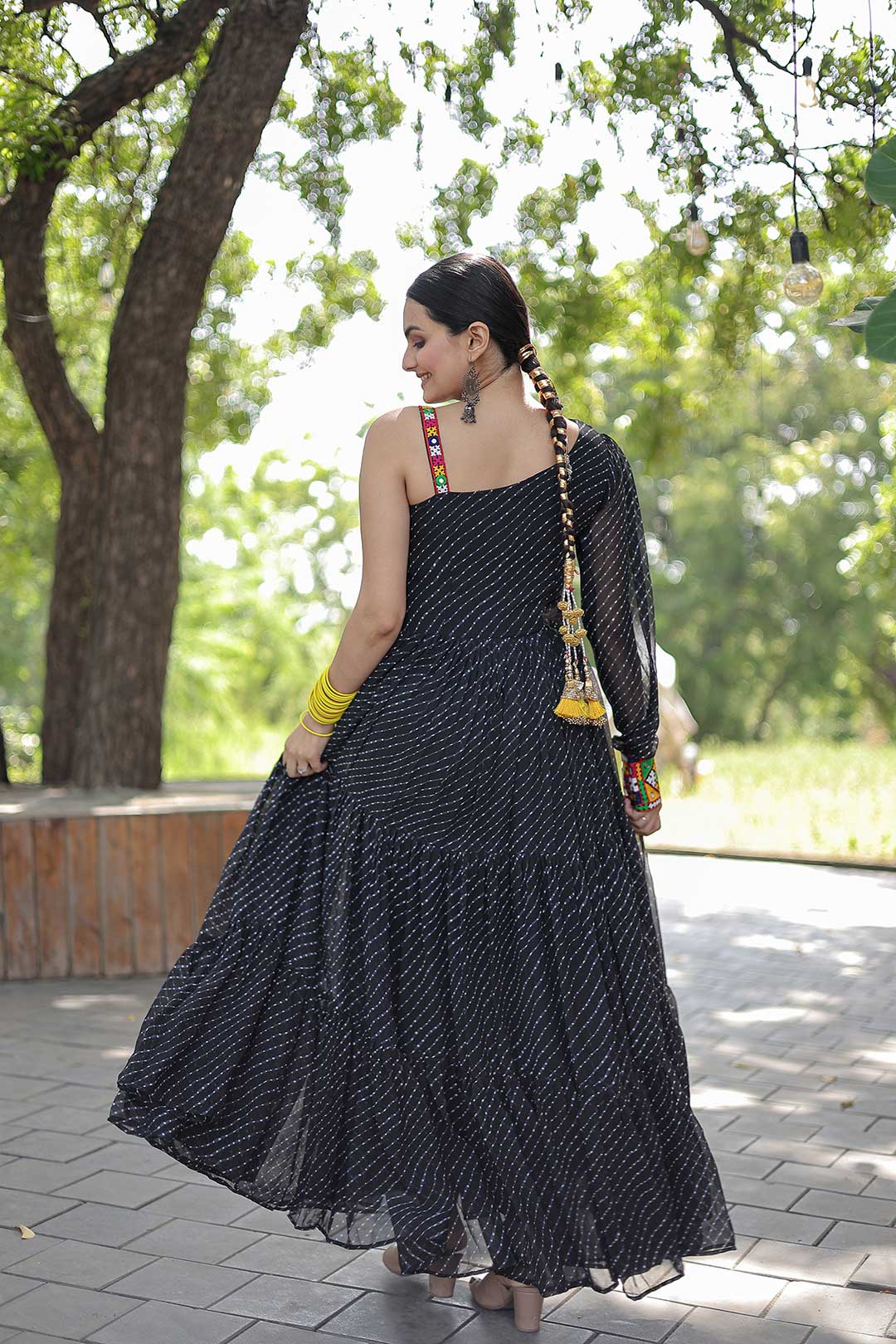 Black Kutchi Patch Work Laheriya Ruffel Gown For Navratri (one side sleevless Gown)
