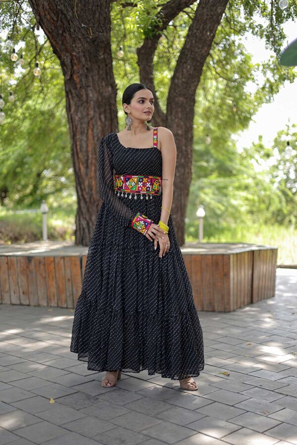 Black Kutchi Patch Work Laheriya Ruffel Gown For Navratri (one side sleevless Gown)