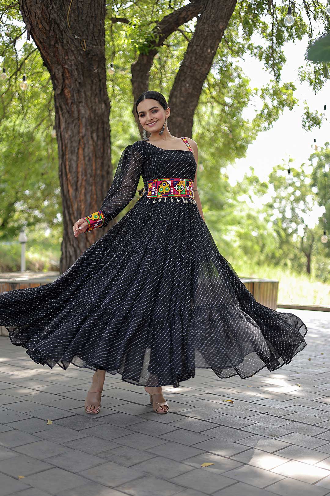 Black Kutchi Patch Work Laheriya Ruffel Gown For Navratri (one side sleevless Gown)