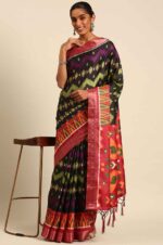 Black-Patola-saree-with-contrast-pattern-and-unstitched-blouse-3