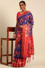 Blue-Patola-saree-with-multicolor-contrast-pattern-and-unstitched-blouse-3