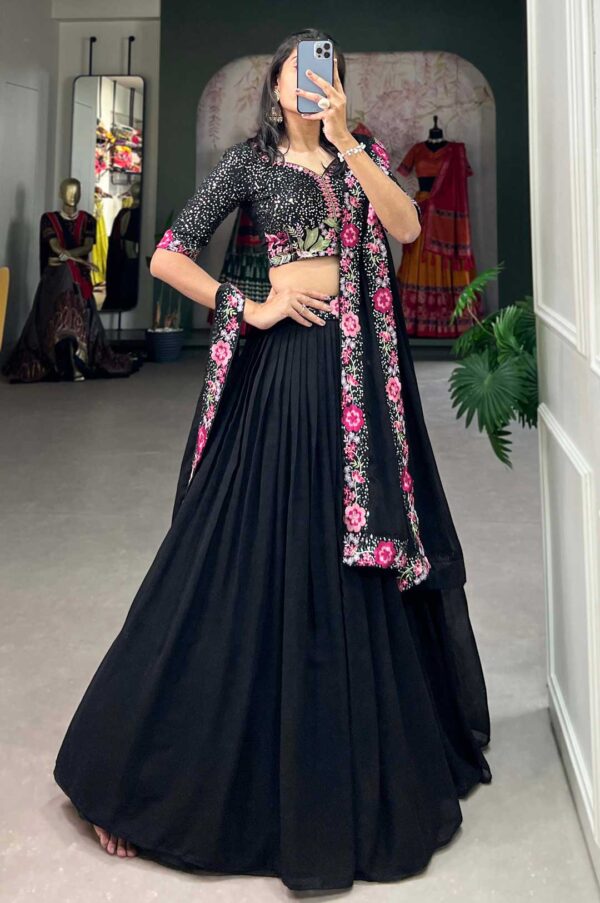 Georgette Sequins and Thread Embroidery Lehenga black