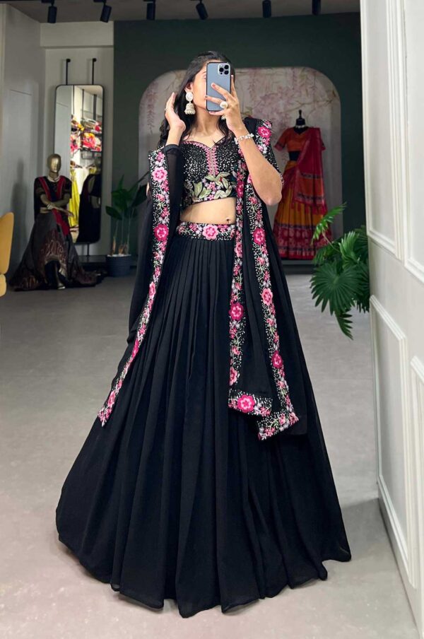 Georgette Sequins and Thread Embroidery Lehenga black