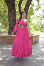 Kutchi-Patch-Work-Laheriya-Ruffel-Gown-For-Navratri-(Pink,-oneside-sleevlless-gown)