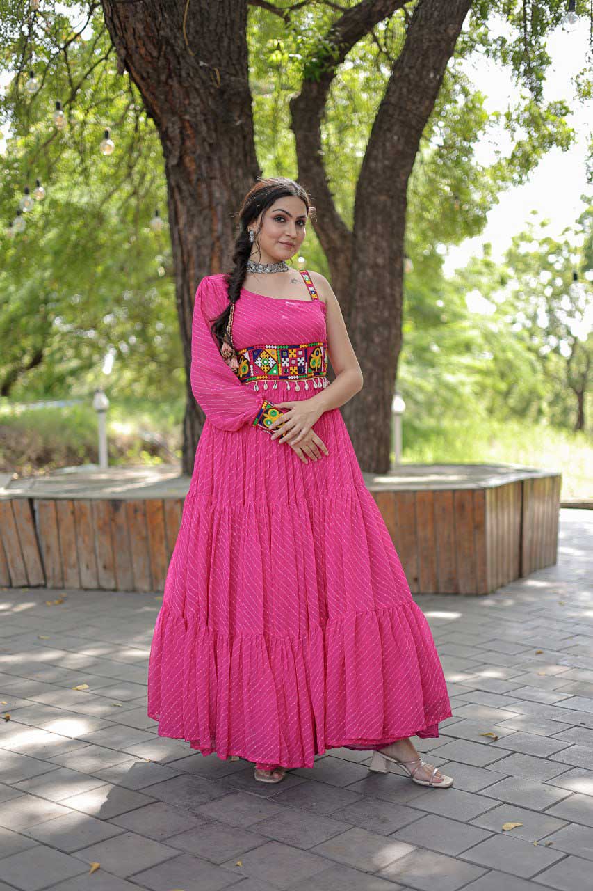 Pink Kutchi Patch Work Laheriya Ruffel Gown For Navratri (one side sleevless Gown)