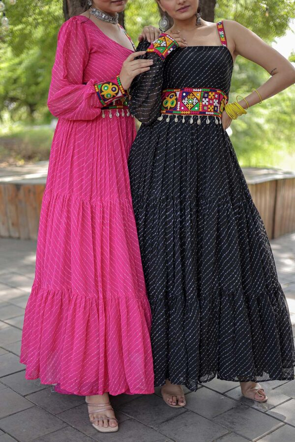 Black and Pink Kutchi Patch Work Laheriya Ruffel Gown For Navratri (one side sleevless Gown)