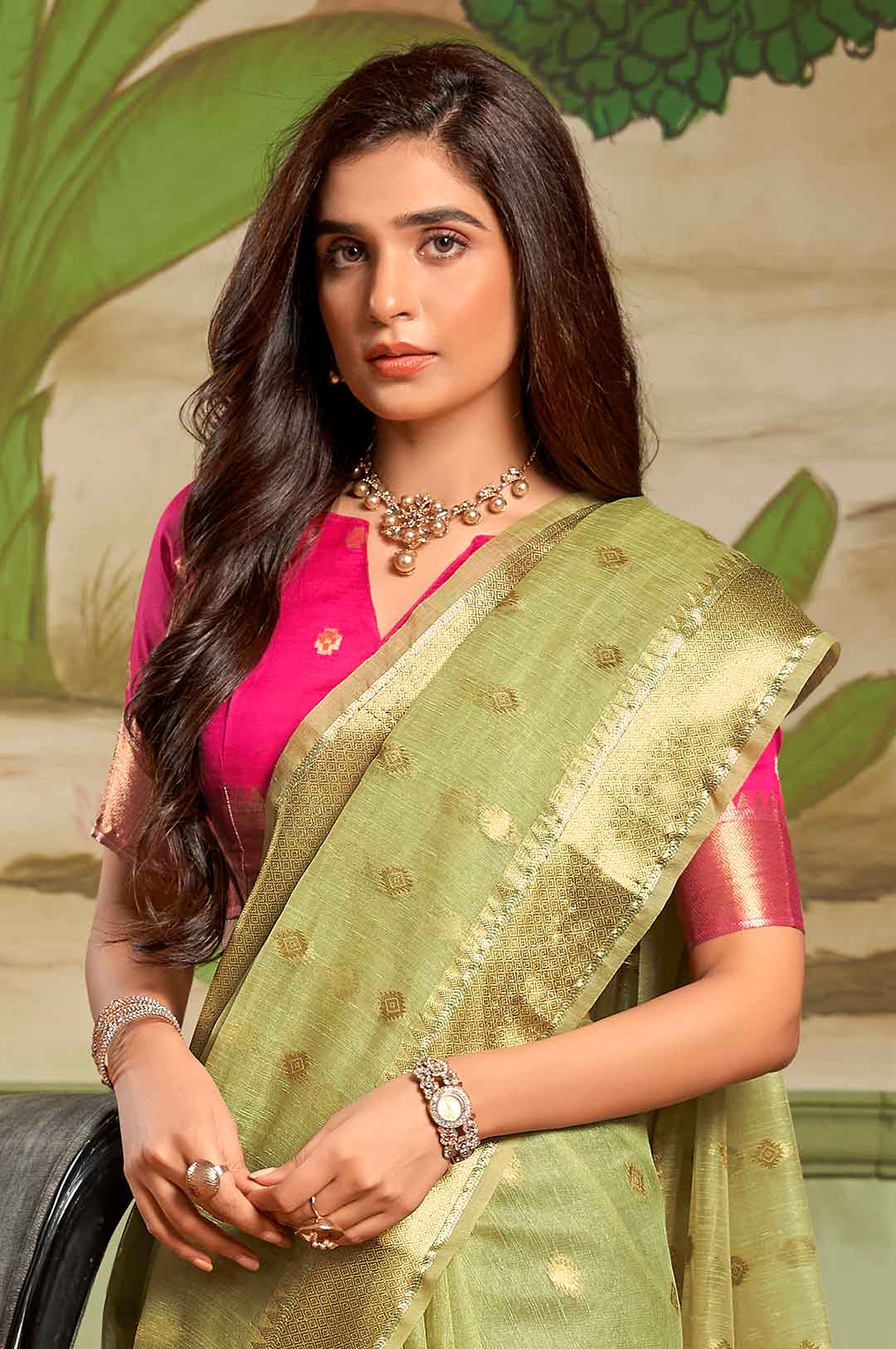 Olive Green Nude Cotton Silk Saree with Weave Border and Gold Zari Work