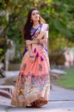 Peach-Dola-Silk-Lehenga-Choli-with-Kalamkari-Print-and-Weaving-Border-3