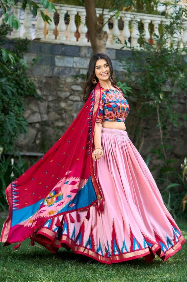 Peach Tussar silk Printed Lehenga Choli