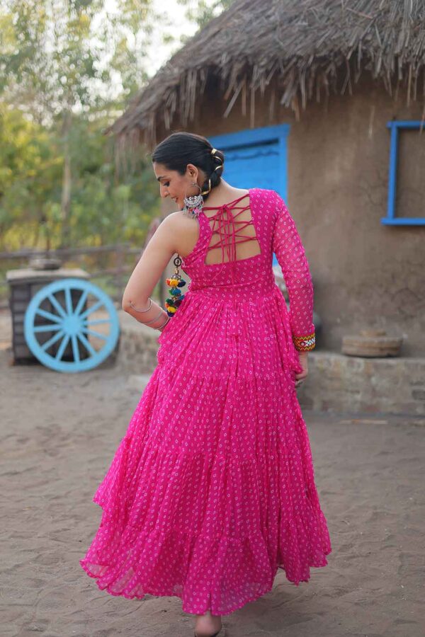 Pink Bandhani Print Kutchi Patchwork Gown For Navratri (Ruffel Flair Gown)