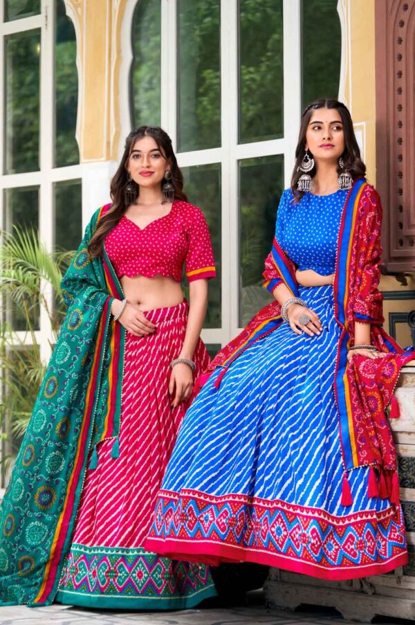 Rajasthani Lehenga Choli in Laheriya and Bandhani print blue Pink Color