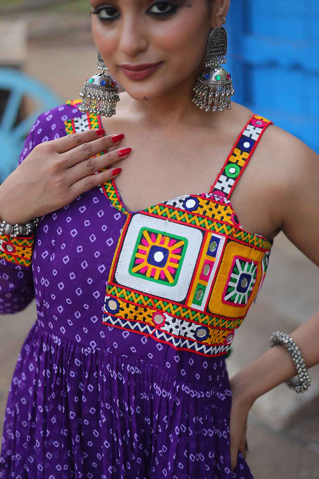 Purple Bandhani Print Kutchi Patchwork Gown For Navratri (Ruffel Flair Gown)
