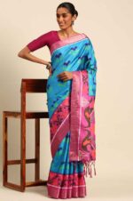 Sky-patola-saree-with-un-stitched-cotton-Blouse