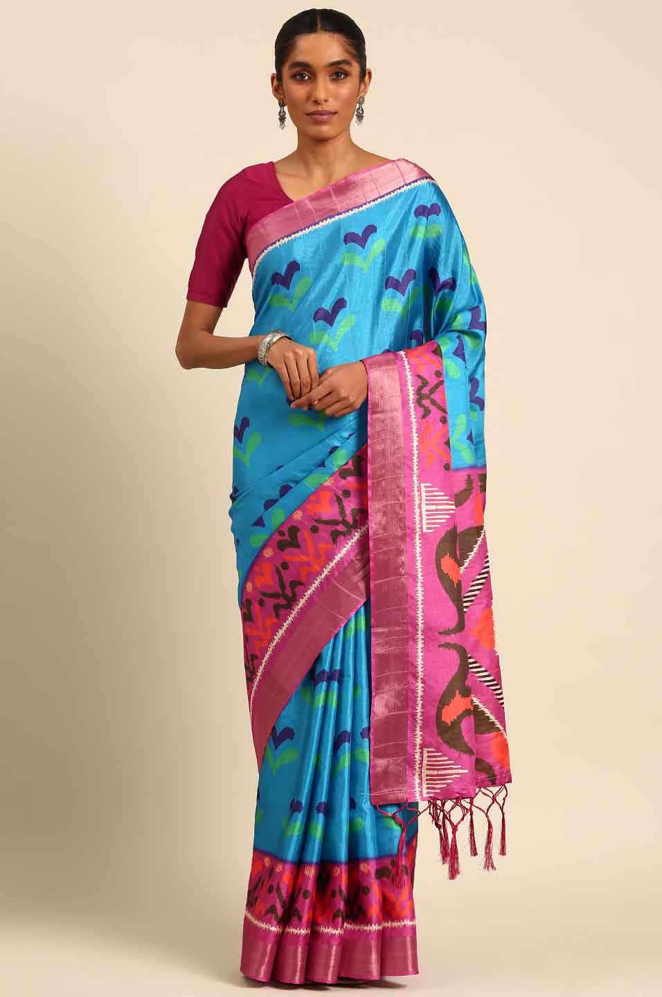 sky patola saree with color contrast patterns