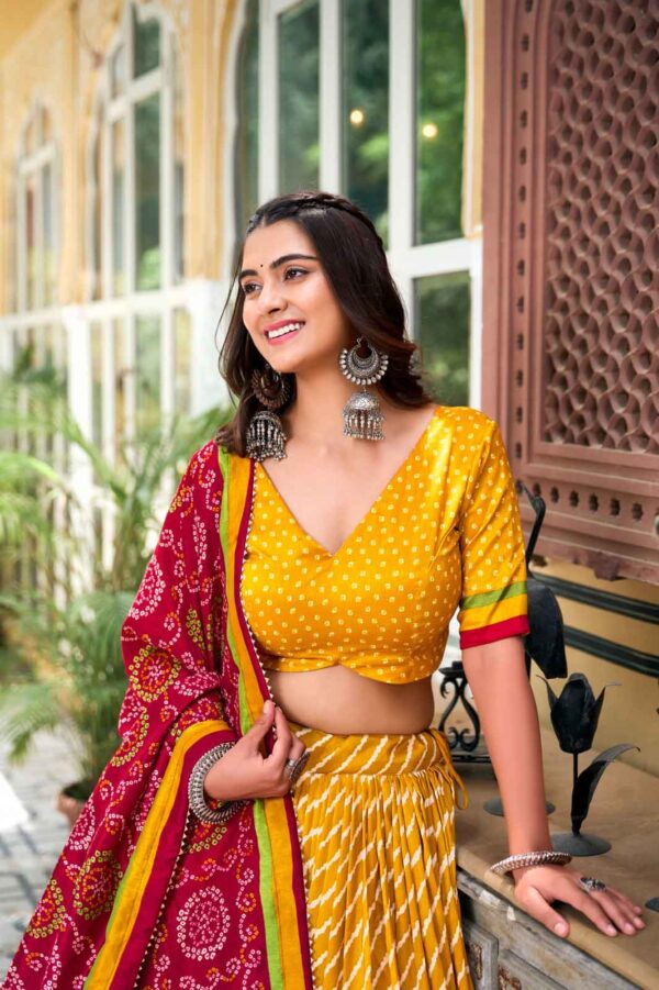 Rajasthani Lehenga Choli With Laheriya and Bandhani print in Yellow color